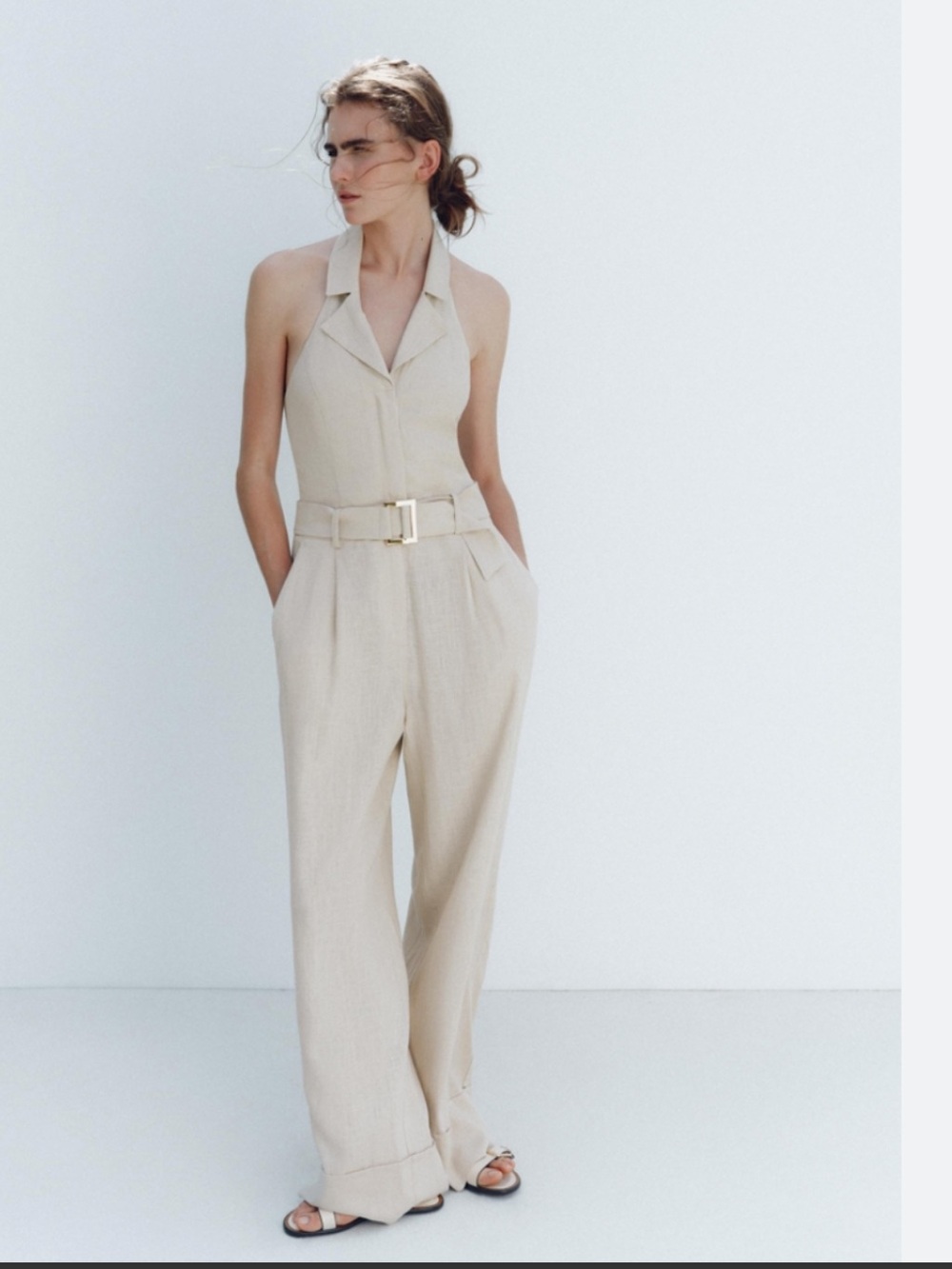Zara Cream Halter Collared Belted Wide-Leg Jumpsuit